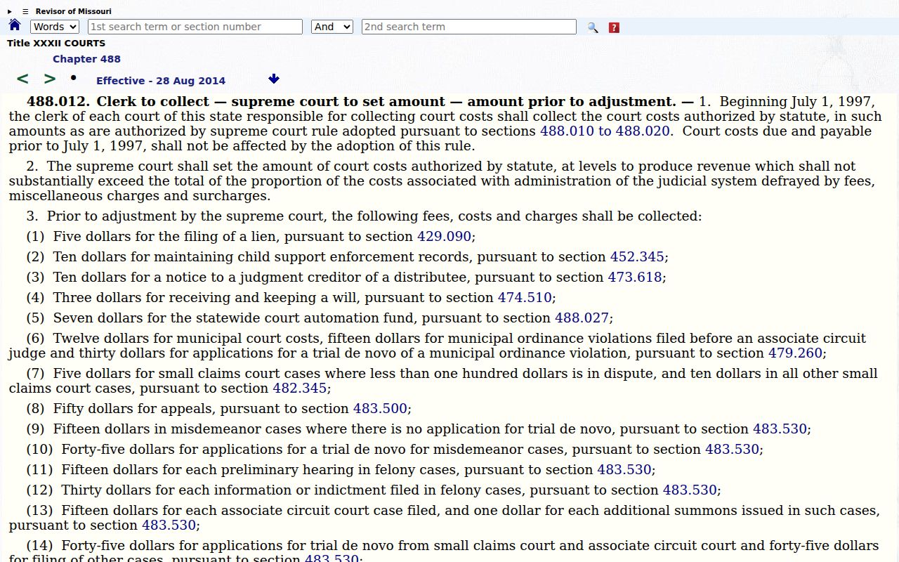 Iron County civil docket court cost statute reference